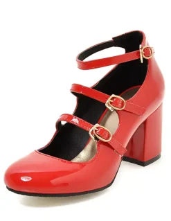 Pink Mid Heels Round Toe Ankle Strap Mary Jane Shoes For Women Vintage Shoes