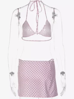 Pink Polka Dot 3 Piece Swimsuit Set For Women - Triangle Micro Bikini With Side Slit Skirt Cover Up - Summer Beach 2026