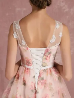 Pink Prom Dress 2026 Long Floral Print Organza Pageant Dress Backless Chapel Train Party Dress Free Customization