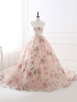 Pink Prom Dress 2026 Long Floral Print Organza Pageant Dress Backless Chapel Train Party Dress Free Customization