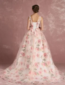 Pink Prom Dress 2026 Long Floral Print Organza Pageant Dress Backless Chapel Train Party Dress Free Customization