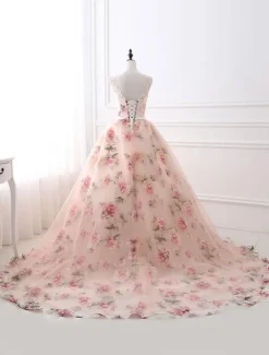 Pink Prom Dress 2026 Long Floral Print Organza Pageant Dress Backless Chapel Train Party Dress Free Customization