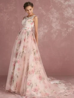 Pink Prom Dress 2026 Long Floral Print Organza Pageant Dress Backless Chapel Train Party Dress Free Customization