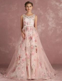 Pink Prom Dress 2026 Long Floral Print Organza Pageant Dress Backless Chapel Train Party Dress Free Customization