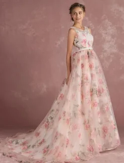 Pink Prom Dress 2026 Long Floral Print Organza Pageant Dress Backless Chapel Train Party Dress Free Customization