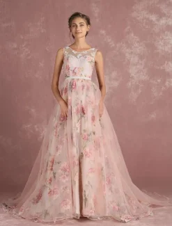 Pink Prom Dress 2026 Long Floral Print Organza Pageant Dress Backless Chapel Train Party Dress Free Customization