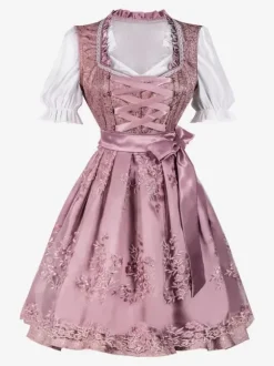 Pink Retro Costumes Floral Print Bows Costume Dress