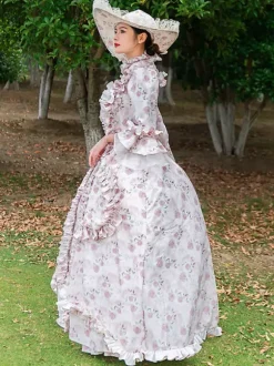 Pink Retro Tudor Dress Costumes Ruffles Polyester Floral Print Hat Marie Antoinette Costume Women's Vintage Tunic 18th Century Costume