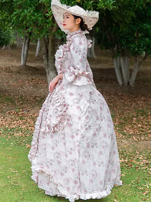 Pink Retro Tudor Dress Costumes Ruffles Polyester Floral Print Hat Marie Antoinette Costume Women's Vintage Tunic 18th Century Costume