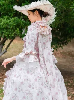 Pink Retro Tudor Dress Costumes Ruffles Polyester Floral Print Hat Marie Antoinette Costume Women's Vintage Tunic 18th Century Costume