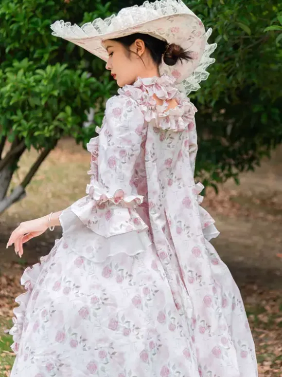 Pink Retro Tudor Dress Costumes Ruffles Polyester Floral Print Hat Marie Antoinette Costume Women's Vintage Tunic 18th Century Costume