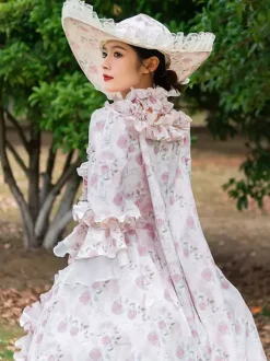 Pink Retro Tudor Dress Costumes Ruffles Polyester Floral Print Hat Marie Antoinette Costume Women's Vintage Tunic 18th Century Costume