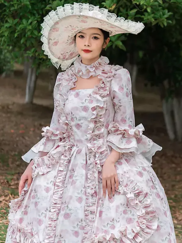 Pink Retro Tudor Dress Costumes Ruffles Polyester Floral Print Hat Marie Antoinette Costume Women's Vintage Tunic 18th Century Costume