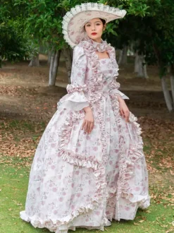 Pink Retro Tudor Dress Costumes Ruffles Polyester Floral Print Hat Marie Antoinette Costume Women's Vintage Tunic 18th Century Costume