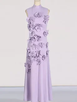 Pink Sleeveless Maxi Dress With 3D Floral Embellishments