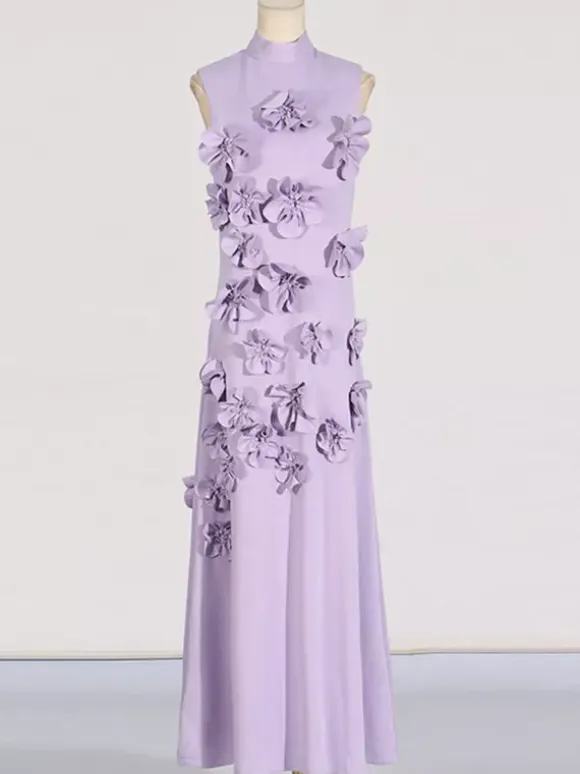 Pink Sleeveless Maxi Dress With 3D Floral Embellishments