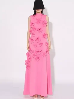 Pink Sleeveless Maxi Dress With 3D Floral Embellishments