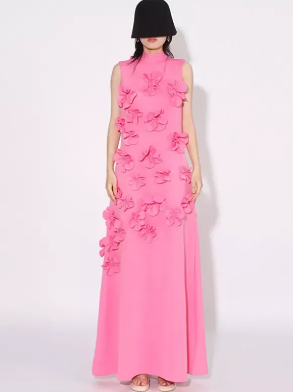 Pink Sleeveless Maxi Dress With 3D Floral Embellishments