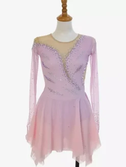 Pink Sparkly Rhinestone Figure Skating Dress With Long Sleeves Skating Costume For All Ages