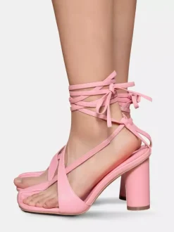 Pink Split Toe Sandals Block Heel Strappy Sandals