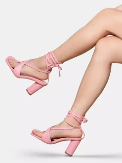 Pink Split Toe Sandals Block Heel Strappy Sandals