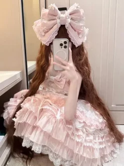 Pink Sweet Lolita Dress Outfits Ruffles Lace Bows Dress With Cape Sets