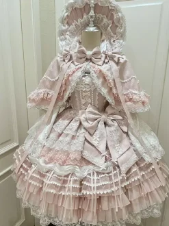 Pink Sweet Lolita Dress Outfits Ruffles Lace Bows Dress With Cape Sets
