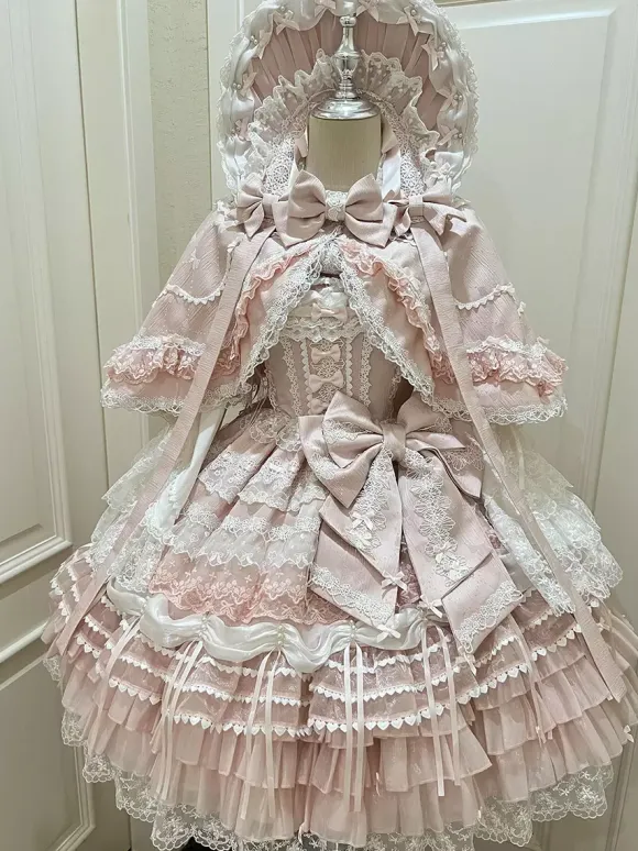 Pink Sweet Lolita Dress Outfits Ruffles Lace Bows Dress With Cape Sets