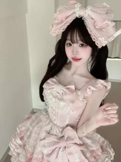 Pink Sweet Lolita Dress Outfits Ruffles Lace Bows Dress With Cape Sets