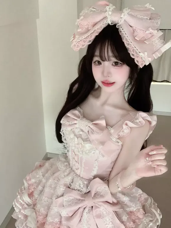 Pink Sweet Lolita Dress Outfits Ruffles Lace Bows Dress With Cape Sets