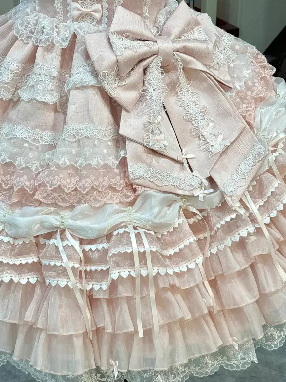 Pink Sweet Lolita Dress Outfits Ruffles Lace Bows Dress With Cape Sets