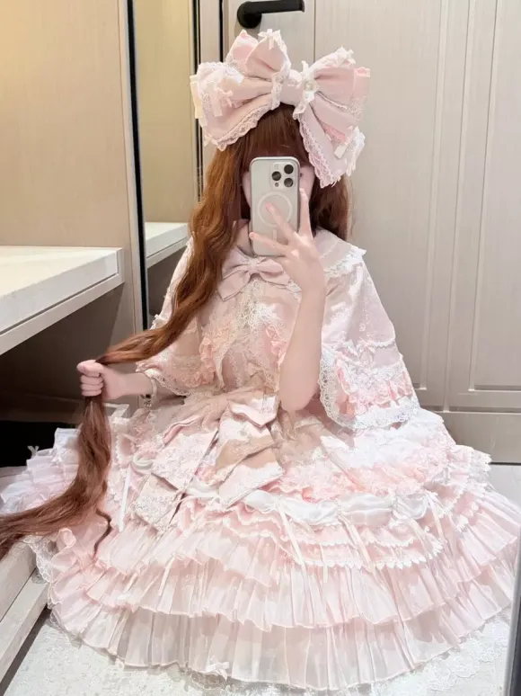 Pink Sweet Lolita Dress Outfits Ruffles Lace Bows Dress With Cape Sets