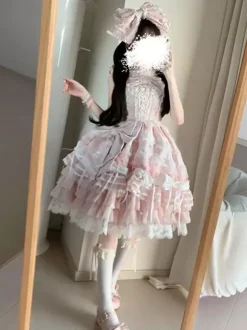 Pink Sweet Lolita Dress Outfits Ruffles Lace Bows Dress With Cape Sets