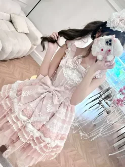 Pink Sweet Lolita Dress Outfits Ruffles Lace Bows Dress With Cape Sets