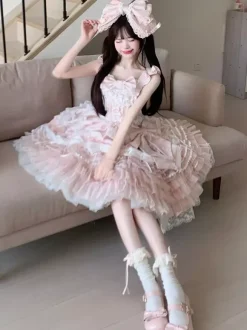 Pink Sweet Lolita Dress Outfits Ruffles Lace Bows Dress With Cape Sets