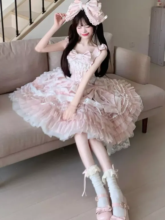 Pink Sweet Lolita Dress Outfits Ruffles Lace Bows Dress With Cape Sets