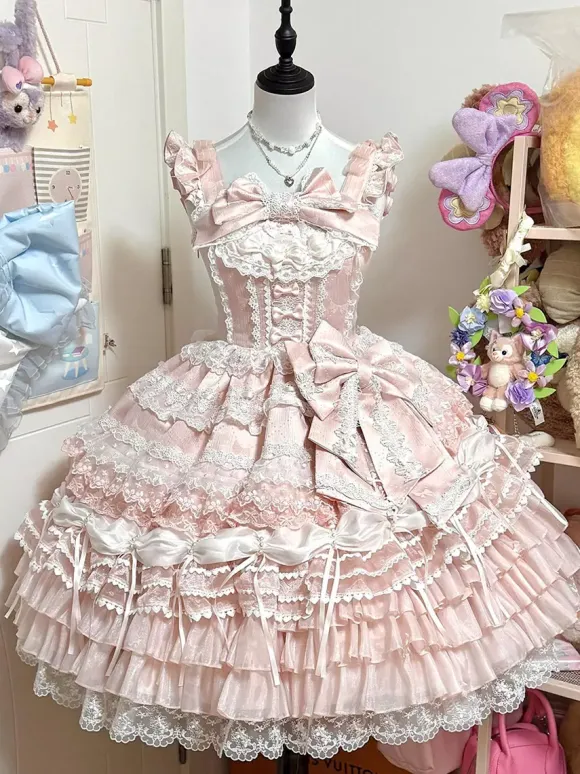 Pink Sweet Lolita Dress Outfits Ruffles Lace Bows Dress With Cape Sets