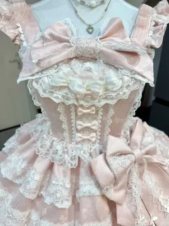 Pink Sweet Lolita Dress Outfits Ruffles Lace Bows Dress With Cape Sets