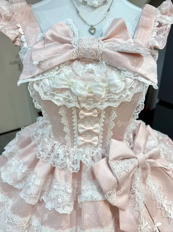Pink Sweet Lolita Dress Outfits Ruffles Lace Bows Dress With Cape Sets
