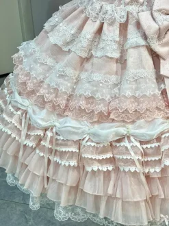 Pink Sweet Lolita Dress Outfits Ruffles Lace Bows Dress With Cape Sets