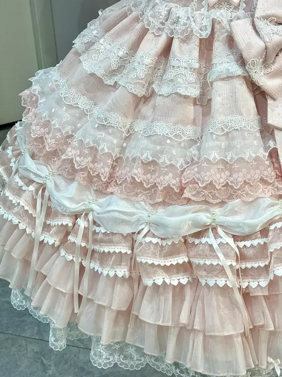 Pink Sweet Lolita Dress Outfits Ruffles Lace Bows Dress With Cape Sets