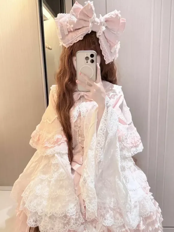 Pink Sweet Lolita Dress Outfits Ruffles Lace Bows Dress With Cape Sets