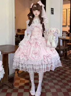Pink Sweet Lolita Dress Sleeveless Ruffles Bows JSK Hime Lolita Dress