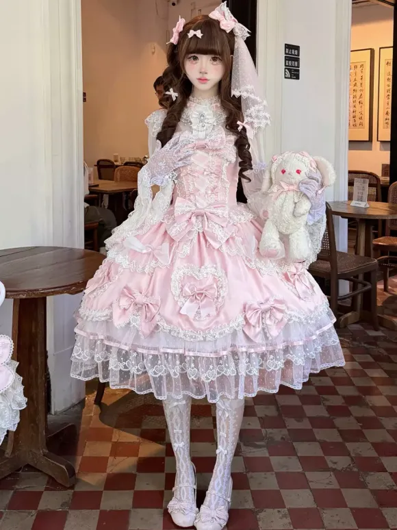 Pink Sweet Lolita Dress Sleeveless Ruffles Bows JSK Hime Lolita Dress