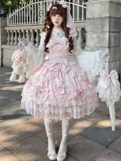 Pink Sweet Lolita Dress Sleeveless Ruffles Bows JSK Hime Lolita Dress