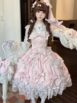 Pink Sweet Lolita Dress Sleeveless Ruffles Bows JSK Hime Lolita Dress