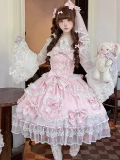 Pink Sweet Lolita Dress Sleeveless Ruffles Bows JSK Hime Lolita Dress