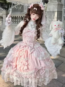 Pink Sweet Lolita Dress Sleeveless Ruffles Bows JSK Hime Lolita Dress
