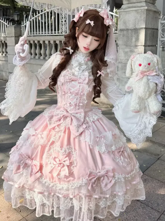 Pink Sweet Lolita Dress Sleeveless Ruffles Bows JSK Hime Lolita Dress
