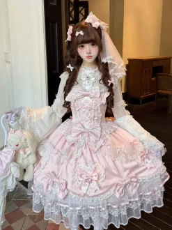 Pink Sweet Lolita Dress Sleeveless Ruffles Bows JSK Hime Lolita Dress